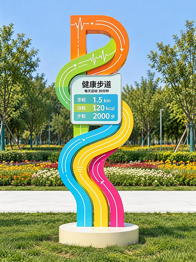 将图中的健康步道雕塑导视牌改为正面视角的正视图，保持雕塑的结构、造型、颜色、文字内容完全不变，呈现为正面平视的平面视角效果，透视关系为正视图，无侧视角度