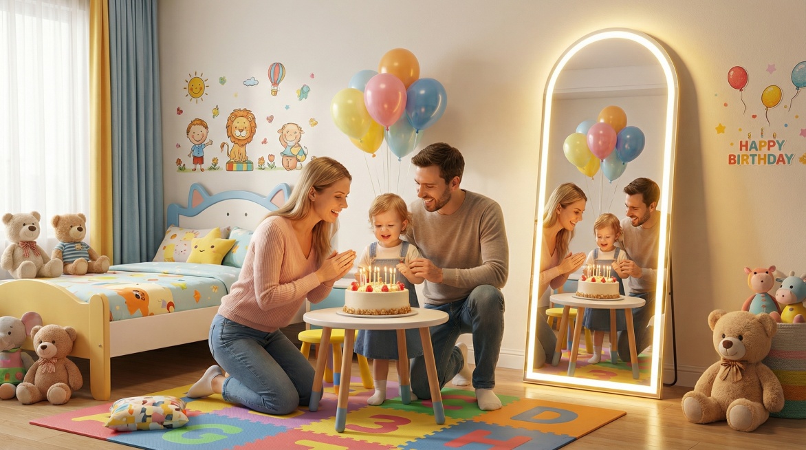 保留原LED全身镜不变，将背景替换为儿童卡通生日房间场景，有卡通儿童床、儿童地垫、公仔、卡通贴纸、气球，无踢脚线，中间是欧美面孔的爸爸妈妈给小朋友过生日，摆放着生日蛋糕，LED镜发出温暖的光，镜子反射预览效果