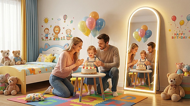 保留原LED全身镜不变，将背景替换为儿童卡通生日房间场景，有卡通儿童床、儿童地垫、公仔、卡通贴纸、气球，无踢脚线，中间是欧美面孔的爸爸妈妈给小朋友过生日，摆放着生日蛋糕，LED镜发出温暖的光，镜子反射出和外面一致的场景，杰作，写实，HDR,UHD，8K，最佳质量，高分辨率，高度细节