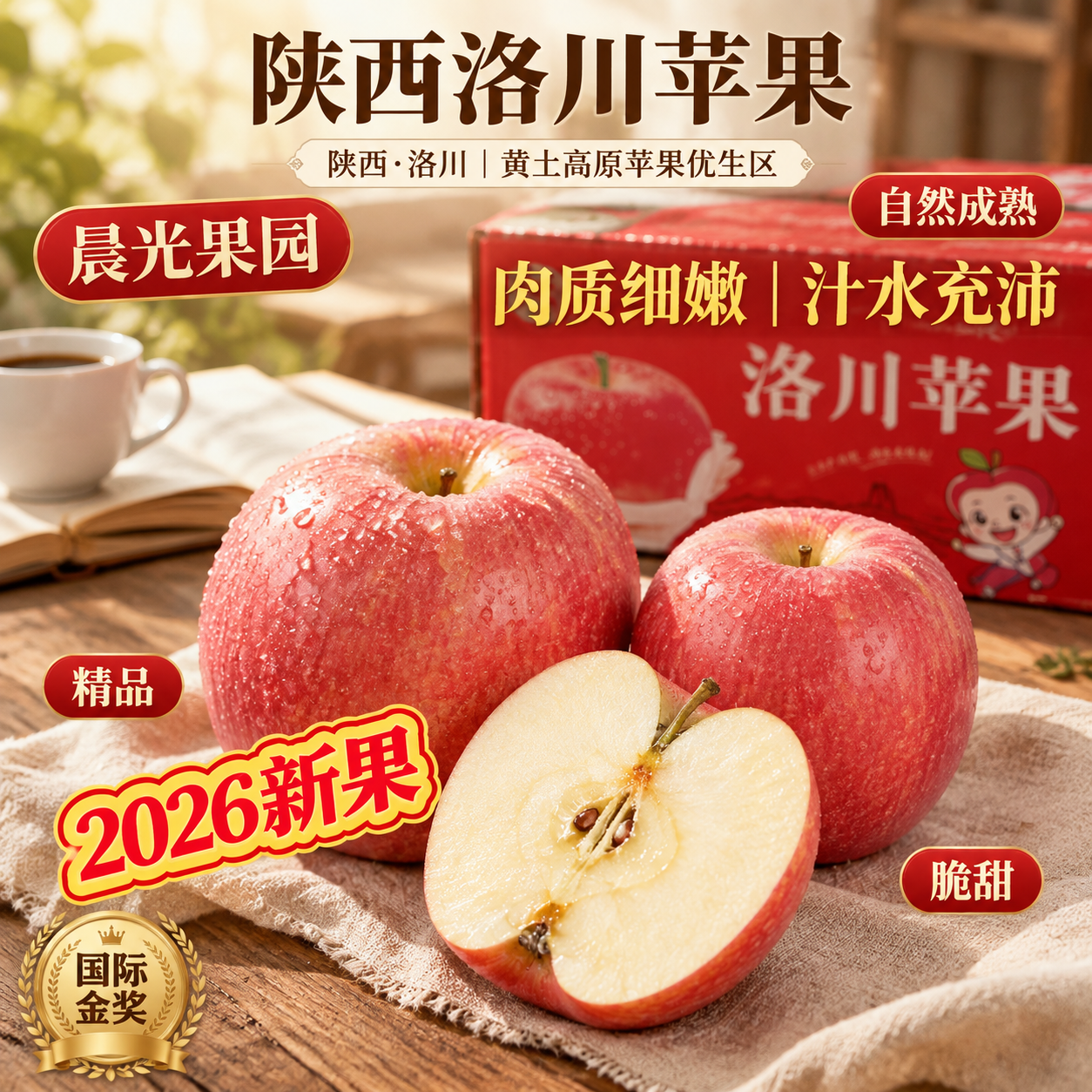 [主图-2] 木质餐桌场景，展示陕西洛川苹果的肉质细嫩与汁水充… - 图片创意预览