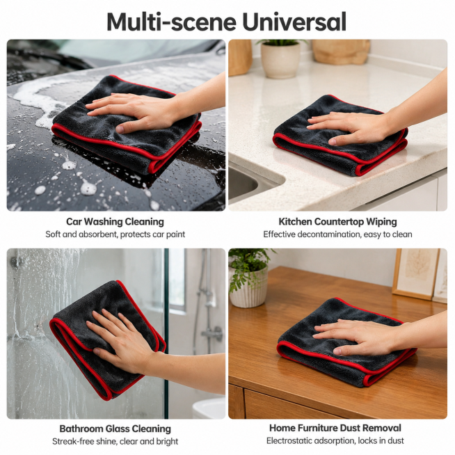 [主图 4] Multi-scene application display of microfiber cleaning towel. Amazon commercial style, high q预览效果