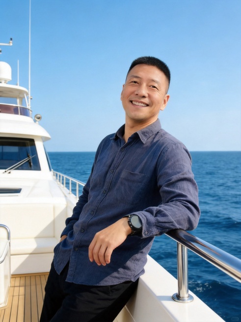 基于参考图人物特征，生成一张游艇出海休闲场景写真，中年成功男士，阳光洒脱，展现成功魅力，适合社交媒体预览效果