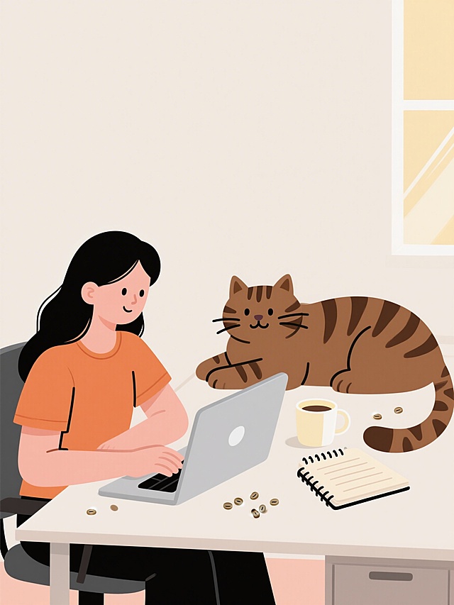 现代极简扁平插画风，矢量图，干净利落的细黑描边，无渐变无阴影，纯色填充。竖版构图，画面分为上下两部分，上半部分约占二分之一，是米白色纯色留白区域，干净无元素方便添加标题文字，下半部分约占二分之一是插画主体内容。下半部分画面：一位温柔的职场妈妈，长发，身穿暖橙色T恤，坐在办公桌前。桌上放着一台浅灰色笔记本电脑，旁边是一个奶白色陶瓷杯，杯子里面是浅黄色咖啡，还有一个打开的小本子，本子上有几行稚拙的横线。一只巨大的棕虎缅因猫，棕褐色纯色填充，有明显虎斑纹路，趴在桌子一角，圆圆的脑袋微微歪着，表情呆萌，尾巴垂在桌边。桌上有几颗散落的猫粮，用小圆点表示。背景是米白色墙面，窗边有阳光洒入的简单线条。整个下半部分构图饱满但不拥挤，人物和猫都在画面下半部分，不超出中线。色彩风格是暖调马卡龙色系，治愈松弛，主色调为暖橙、棕褐、奶白、浅灰。杰作，最佳质量，8K高清，构图居中，无3D效果，不是写实风格，没有文字水印。