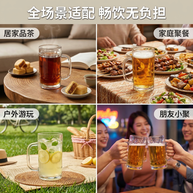 [垫图]输入图
[主图主题]玻璃杯多场景适用展示
[氛围/风格]温馨生活感，自然写实
[画面元素]画面分四宫格：左上是居家茶几上玻璃杯盛着热茶配茶点；右上是家庭聚餐桌上玻璃杯装着啤酒，旁有烧烤；左下是预览效果