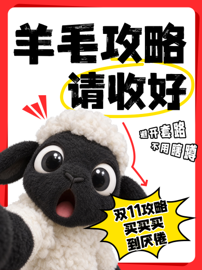 双11电商购物促销优惠潮流海报。画面中心为黑脸羊毛玩偶，文案包含双11攻略与买买买，背景红白撞色设计，适合电商零售店铺促销活动宣传