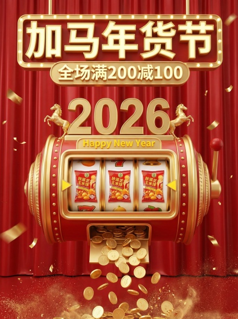 3D写实风，视觉中心是一台老虎机造型装置（悬空，正面视角，金属材质金红配色，机器上装饰“2026”立体数字、小金马，机器中部装饰“Happy New Year”黄色小字，机器底部吐出大量金币），机器滚预览效果