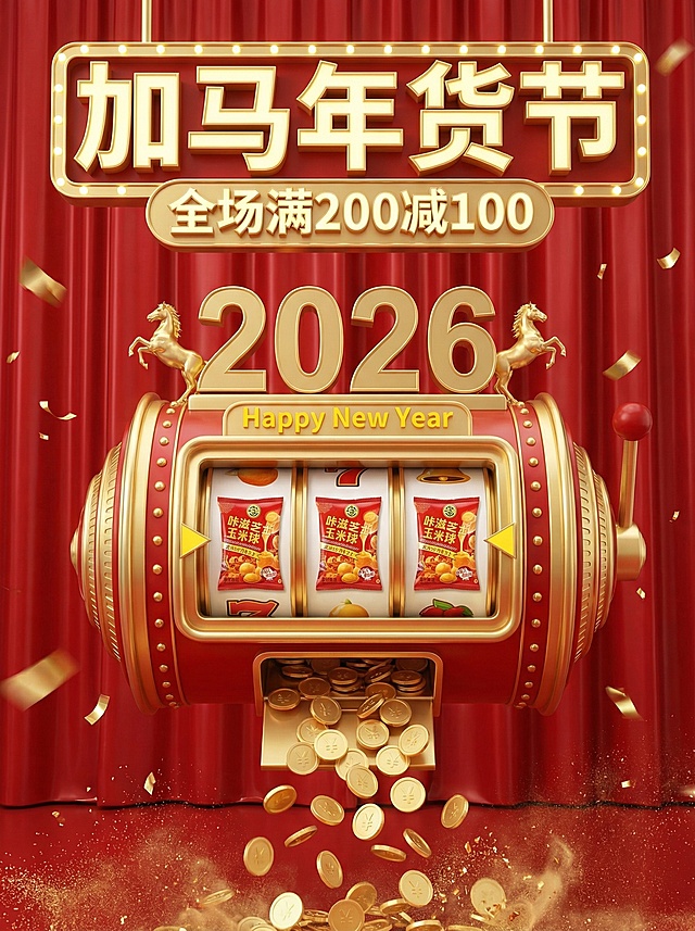 3D写实风，视觉中心是一台老虎机造型装置（悬空，正面视角，金属材质金红配色，机器上装饰“2026”立体数字、小金马，机器中部装饰“Happy New Year”黄色小字，机器底部吐出大量金币），机器滚轮区转出图中商品。背景是红色光泽幕布，周围散落金色碎片。顶部金色3D灯牌标题“加马年货节”，副标题3d金色小字“全场满200减100”。