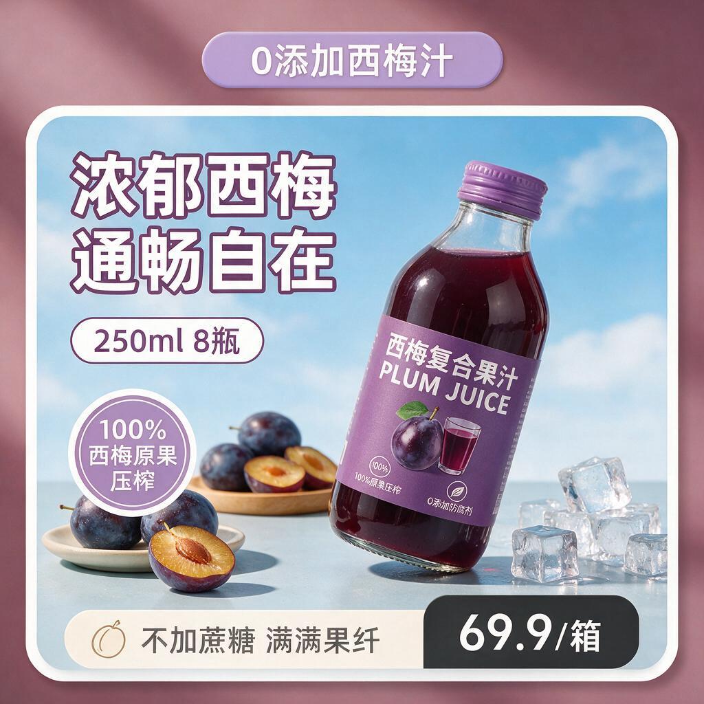 方形电商商业产品海报，西梅复合果汁快消饮品宣传，整体调性清新明… - 图片创意预览