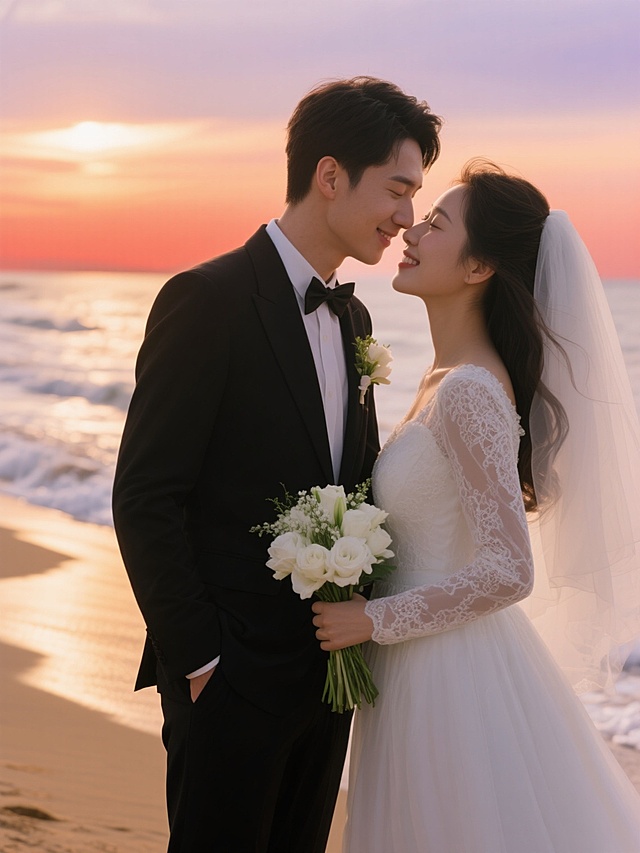 一对新婚夫妇的浪漫肖像，新娘穿着带有精致蕾丝装饰的白色婚纱，头戴白色头纱，手持白色花束，新郎身着黑色西装搭配白色领结和胸前襟花，两人额头相抵，面带温柔微笑，眼神充满爱意与幸福。采用温暖柔和的自然光摄影风格，光线从侧上方照射，人物面部有细腻的光影层次和柔和高光，背景虚化处理，呈现出梦幻唯美的氛围。环境变换为夕阳下的金色沙滩，海浪轻轻拍打着岸边，远处天空染成橙红色与淡紫色渐变，海风吹拂着新娘的头纱和发丝，整体构图保持人物亲密姿态与原照片的温馨情感基调，色彩和谐统一，细节清晰，具有高分辨率的婚礼摄影质感。