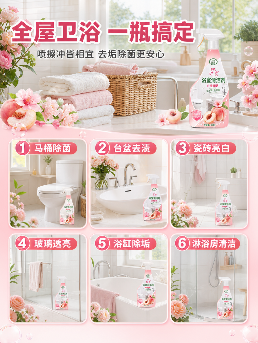 [商品] 使用【图1】垛柔白桃香型浴室清洁剂喷雾瓶；保留瓶身全… - 图片创意预览