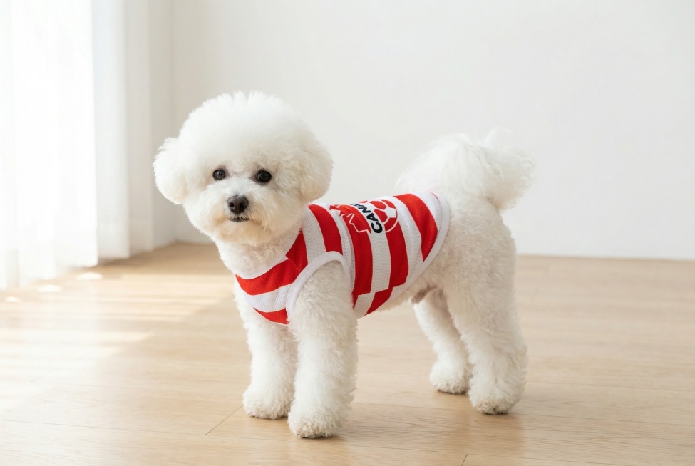 把这个衣服穿在比熊身上形成不同5张模特图预览效果