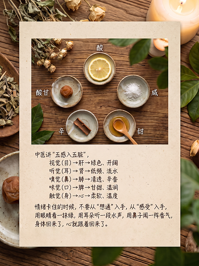 小红书图文笔记内页，内容直接在画面显示，和第一页结构一致，五个小碟子，分别装有一片柠檬（酸）、一撮盐（咸）、一小勺蜂蜜（甜）、一段桂枝（辛）、一颗话梅（酸甘），呈现五种味道，保留完整正确文字：中医讲"五感入五脏"，视觉（目）→ 肝 → 绿色、开阔，听觉（耳）→ 肾 → 低频、流水，嗅觉（鼻）→ 肺 → 清透、辛香，味觉（口）→ 脾 → 甘甜、温润，触觉（身）→ 心 → 柔软、温度，情绪卡住的时候，不要从"想通"入手，从"感受"入手，用眼睛看一抹绿，用耳朵听一段水声，用鼻子闻一阵香气，身体回来了，心就跟着回来了，删除“整体色调为绿色系加暖光，自然大地感，和封面风格统一”字样，去掉额外内页边框，整体色调绿色系加暖光，自然大地感，和封面、第一内页风格统一