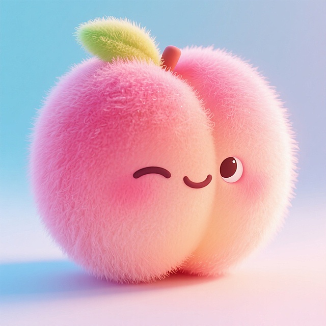 3D卡通风格，拟人化的毛茸茸桃子，可爱眨眼，营造温馨节日氛围。