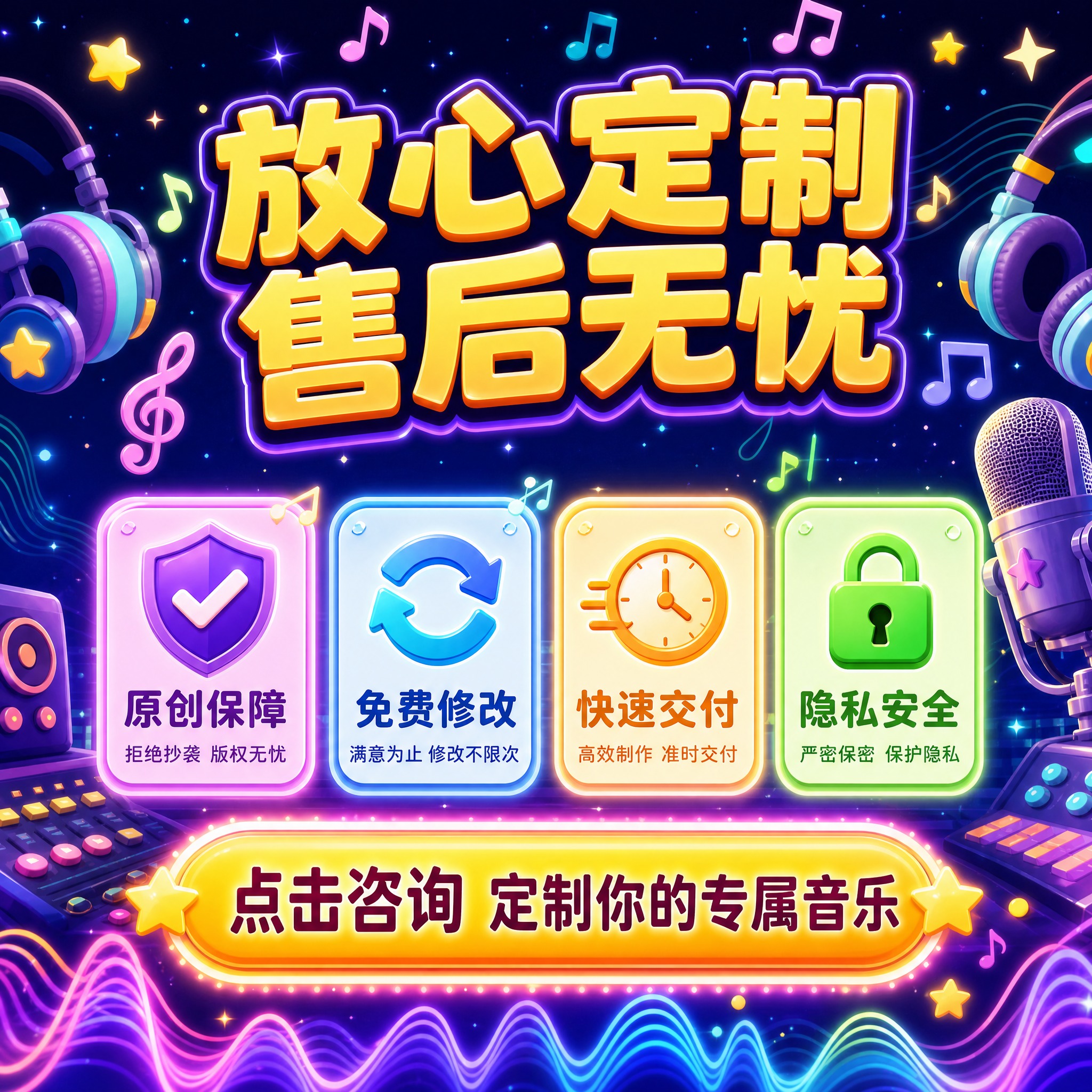 [主图-6] 音乐制作服务保障与下单引导图，核心任务是建立信任… - 图片创意预览