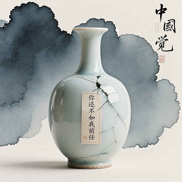 一只经典雅致的瓷瓶，瓶身仅有一道裂痕。瓶上贴着一张标签，写着“你还不如我前任”，国风风格，画面雅致简约