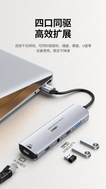 参考[image1]的海报版式、文案排版和浅灰白色调简约电商风格，将原产品替换为[image2]的GUERMOK品牌Type-C扩展坞产品，保留'四口同驱 高效扩展'主标题和产品功能说明文案布局，保持预览效果
