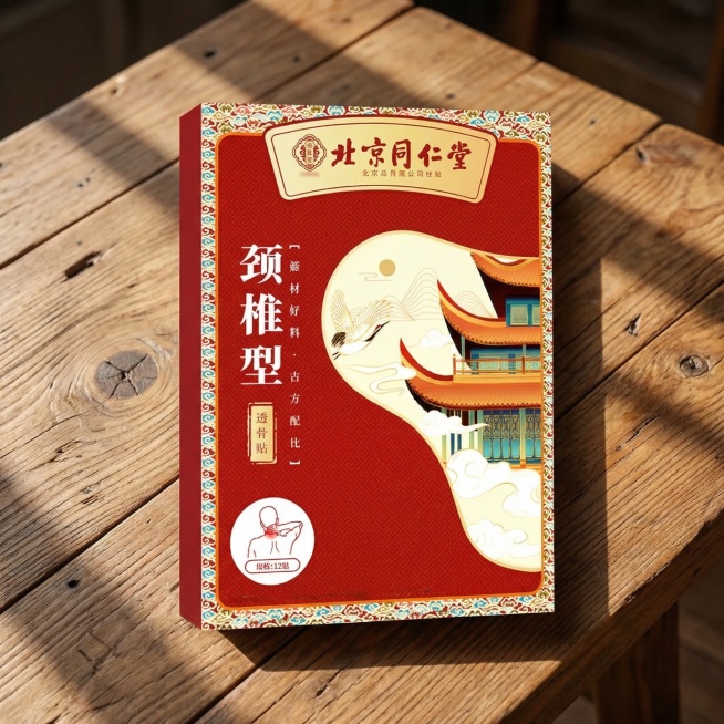 北京同仁堂颈椎型透骨贴产品展示图，将产品放在木质桌面背景中预览效果