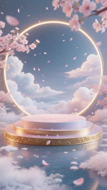 梦幻金色工艺纹理边圆形展台，后面是浮云和少许桃花花瓣飘落，七夕浪费氛围感。预览效果
