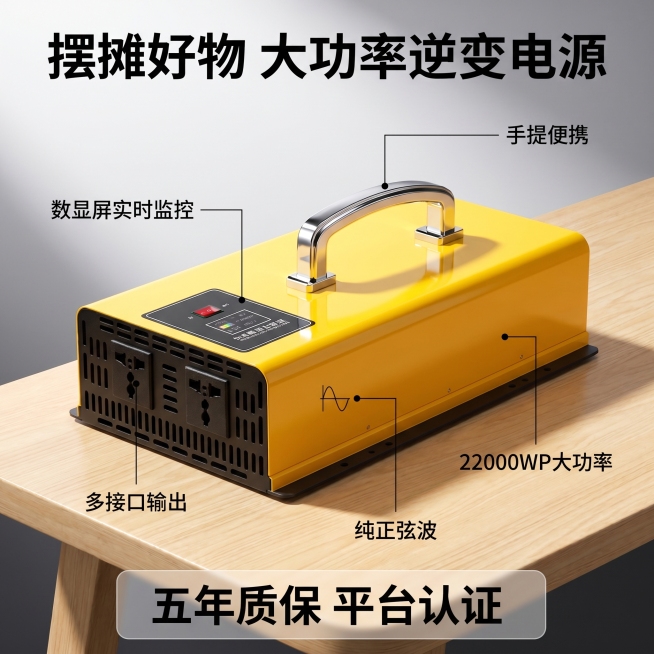 [主图 2] 移动逆变器核心功能亮点展示，保留产品本身黄色外观和提手设计
[氛围风格] 清晰专业电商风，突出产品性能
[画质] 商业摄影质感、光线通透、产品清晰真实、画面干净高级，超高清
[元素] 黄预览效果