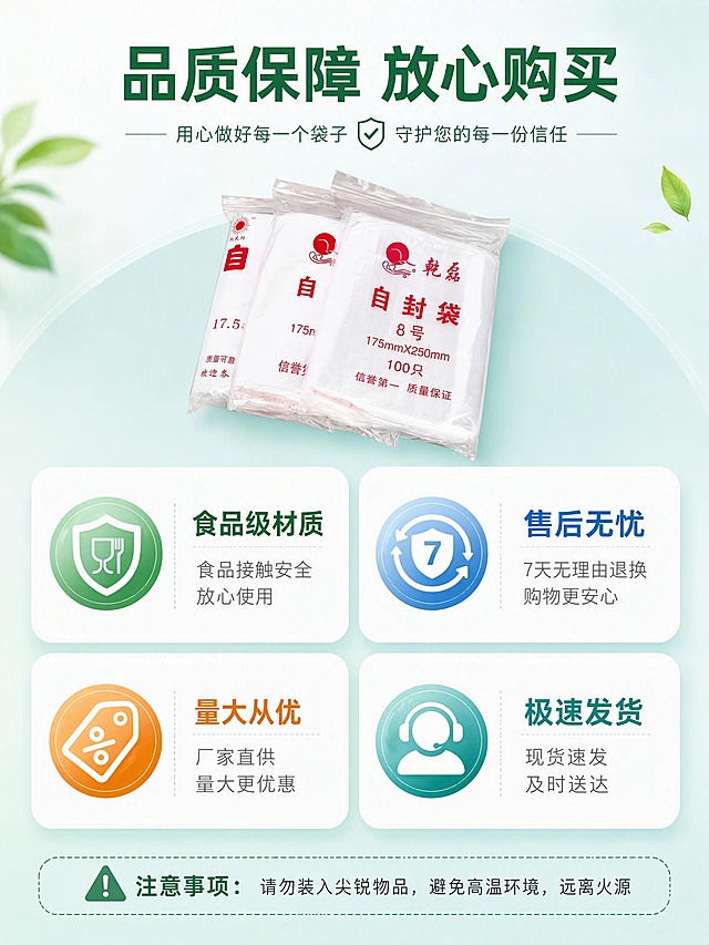 [第10张] 信任保障页-自封袋售后与使用说明。
[氛围/风格] 安心可靠的保障风格，温暖可信，商业设计质感。
[元素布局] 画面上方为自封袋产品小图，居中摆放；下方为四个保障图标卡片，2×2排列：食品接触安全、7天无理由退换、量大优惠、贴心客服；背景为浅蓝绿色渐变，给人安心感；底部有使用注意事项小字说明。
[光影质感] 均匀柔光，整体明亮柔和，无强烈阴影，氛围温暖可信。
[配色色系] 全局底色 #E8F4F0（浅青绿渐变）；主色白色、绿色；辅助色蓝色、橙色点缀。
[视角构图] 上下结构，上产品下保障卡，阅读动线从上到下。
[文字版式] 顶部主标题「品质保障 放心购买」；四个保障卡片各配图标+文字：「食品级材质」「售后无忧」「量大从优」「极速发货」；底部小字使用说明：「注意事项：请勿装入尖锐物品，避免高温环境，远离火源」；文字清晰，层级分明。
[比例分辨率] 3:4 竖版比例，4K 分辨率，文字清晰可辨，高清画质。
[负向提示词] 变形，水印，文字错乱，文字过小，颜色偏差，虚假权威标识。