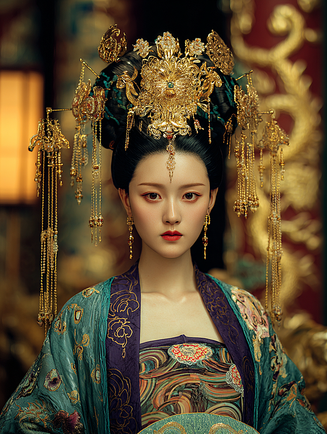 人物写实风格：““盛唐永泰公主李仙蕙造型，高髻（约七寸）用金丝编辫缠绕固定，髻顶插一支累丝金步摇（凤凰衔珠，珠串垂至肩头）；发丝两侧各编一条细辫绕髻一周，余发垂背；身着翟衣（公主礼服，深青底色，衣缘绣五彩翟鸟纹），头戴九翚四凤冠（简化版，珠翠环绕）；背景为大明宫含元殿（金砖地面、龙柱浮雕），庄重宫灯光线下显皇家威仪；风格为唐代壁画复原风，色彩沉稳（青、金、朱为主），发丝与金饰细节极致，8K超清，端庄华丽。”