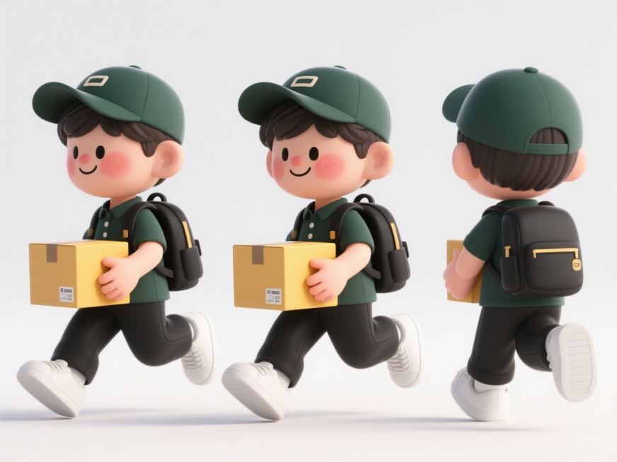 3D卡通风格，白色背景，三视图（侧视图、正面视图、背面视图），卡通男孩头戴深绿色棒球帽，身穿深绿色polo衫和黑色长裤，脚踩白色运动鞋，背着黑色背包，双手抱黄色快递箱，双腿大张向前奔跑，嘴角露出微笑，预览效果