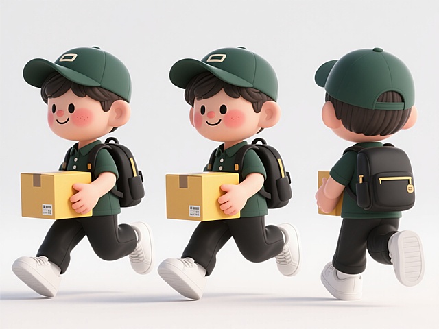 3D卡通风格，白色背景，三视图（侧视图、正面视图、背面视图），卡通男孩头戴深绿色棒球帽，身穿深绿色polo衫和黑色长裤，脚踩白色运动鞋，背着黑色背包，双手抱黄色快递箱，双腿大张向前奔跑，嘴角露出微笑，脸颊红润。整体造型圆润可爱，色彩明快，光影柔和，细节丰富生动。