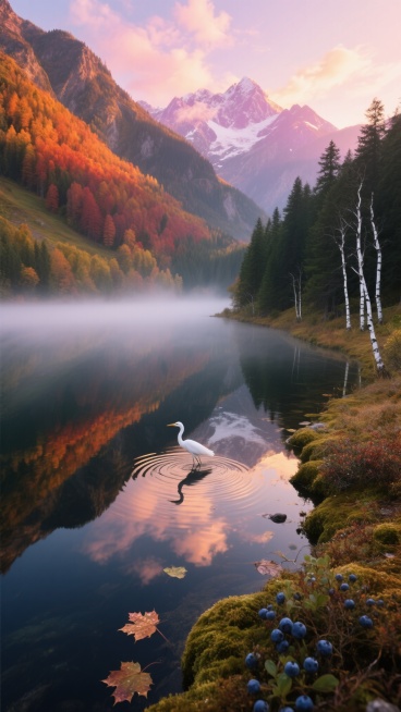 俯拍视角，晨曦中的高山湖泊被金色薄雾轻轻笼罩，湖面如破碎的黑曜石镶嵌在五彩斑斓的山谷中，左侧山坳里整片山毛榉林燃烧着橙红与琥珀色火焰，右侧冷杉林则保持着墨绿的沉静，远处雪峰在初升朝阳下折射出粉紫色光晕预览效果