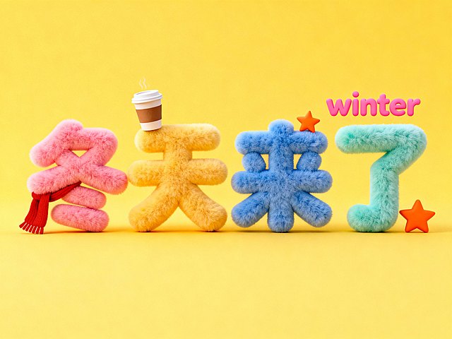 胖乎乎的毛绒质感的童趣立体字体设计“冬天来了”（每个字颜色不一样）。粉色英文“winter”小字。字体上装饰纸杯咖啡、红色围巾、橙色星星等小元素，背景黄色，多巴胺配色