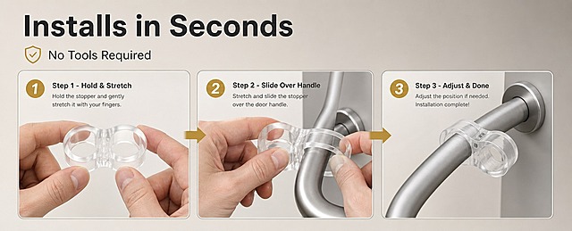[商品] 使用【图2】【图3】透明PVC门把手防撞垫，8字形双孔结构；保留产品透明PVC材质、双圆孔造型、整体比例；展示产品从取出到安装完成的过程，安装在金属门把手上。
[画面] 页面目标：安装步骤演示，证明免工具快速安装。构图：上方主副标题，下方3个步骤横向排列，从左到右依次展示：Step 1 取出防撞垫、Step 2 拉伸套入门把手、Step 3 调整位置完成安装。每步配一只欧美成人手的操作动作特写，动作自然真实。3个步骤之间用箭头连接，表示流程顺序。背景为暖灰色渐变，每个步骤有独立的浅底圆角区域。阅读动线从左到右。
[视觉] 套系策略：风格=跨境极简高级商业摄影风；标题字=现代无衬线粗体（英文字体）；正文字=简洁无衬线体；主色=暖灰+透明清透感；背景延展=基于暖灰色做深浅层级渐变、同色系步骤卡片延展；强调色=暖金色，仅用于箭头、步骤编号和小图标；标题色=深炭灰；正文色=中暖灰；组件=圆角步骤卡片、箭头连接符、圆形步骤编号；光影=均匀柔和前光，每个步骤内的手部动作和产品清晰可见，自然阴影。
[文字] 顶部主标题：Installs in Seconds，副标题：No Tools Required；3个步骤文字：Step 1 - Hold & Stretch，Step 2 - Slide Over Handle，Step 3 - Adjust & Done。每个步骤编号醒目，说明文字简洁，全部横向排版。
[规格] 图片比例61:25横版（亚马逊高级A+电脑端），4K分辨率，负向提示：避免变形、错字、文字过小、亚洲面孔/亚洲手、冷蓝/冷灰背景、产品颜色改变、结构失真、纯白底单调背景、价格信息、折扣字样、站外链接、竖排文字。