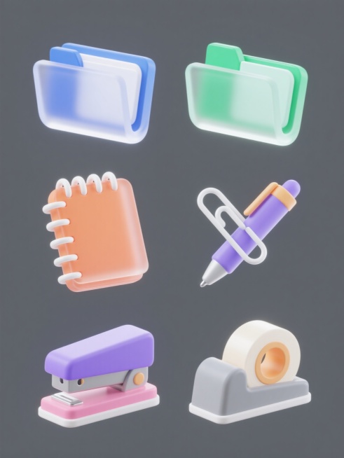 六个同风格办公用具的系列图标集合，每个图标均为半透明磨砂质感的3D立体设计，边缘有精致的白色高光描边，采用不同渐变色彩，包括蓝色、绿色、橙色、紫色、粉色和灰色，元素类目分别为文件夹、笔记本、钢笔、回形针、订书机和胶带座，规整排布在纯色背景上，保持一致的简约现代设计语言和光影效果。预览效果