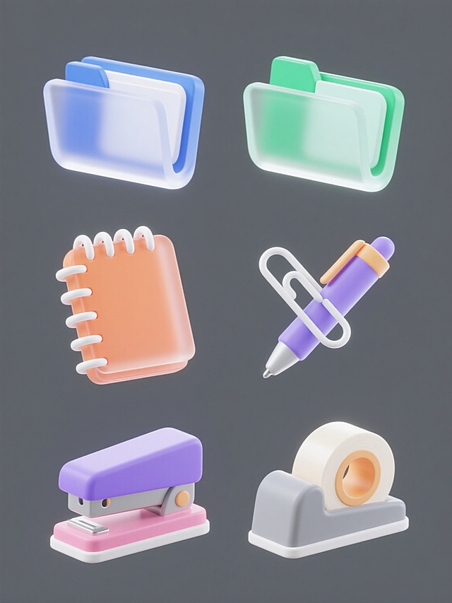 六个同风格办公用具的系列图标集合，每个图标均为半透明磨砂质感的3D立体设计，边缘有精致的白色高光描边，采用不同渐变色彩，包括蓝色、绿色、橙色、紫色、粉色和灰色，元素类目分别为文件夹、笔记本、钢笔、回形针、订书机和胶带座，规整排布在纯色背景上，保持一致的简约现代设计语言和光影效果。