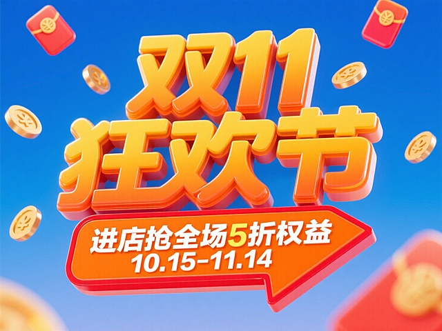 “双 11 狂欢节” 的立体艺术字，字体为橙黄色，边缘有渐变效果，周围点缀着金币和红包图案。下方有橙色箭头形状的文本框，内有 “进店抢全场 5 折权益” 和 “10.15-11.14” 文字信息，字体为白色，文本框有红色描边，背景为蓝色渐变，整体风格大气炫酷，突出双十一促销的热烈与冲击力。