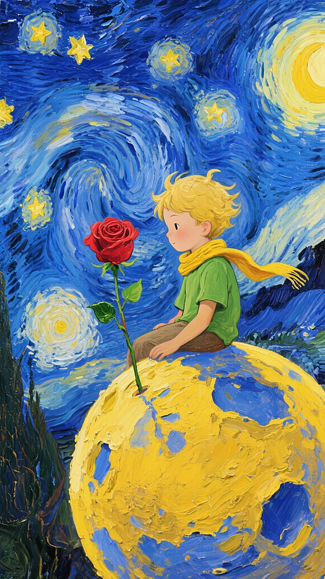 梵高风格厚涂油画，画面中央是金发小男孩坐在黄色小行星上，小行星表面有明显的厚重颜料堆积形成的黄色与蓝色色块肌理，男孩身着绿色上衣与随风飘扬的黄色围巾，正专注凝视身旁盛开的红色玫瑰花，玫瑰花茎上带有绿色叶片，背景是深邃旋转的蓝色星空，充满强烈动态感的漩涡状笔触，点缀着明亮的黄色月亮与多颗闪烁的黄色星星，整体笔触厚重富有肌理感，色彩以蓝黄为主调形成强烈对比，营造出童话般梦幻而温暖的宇宙童话氛围。