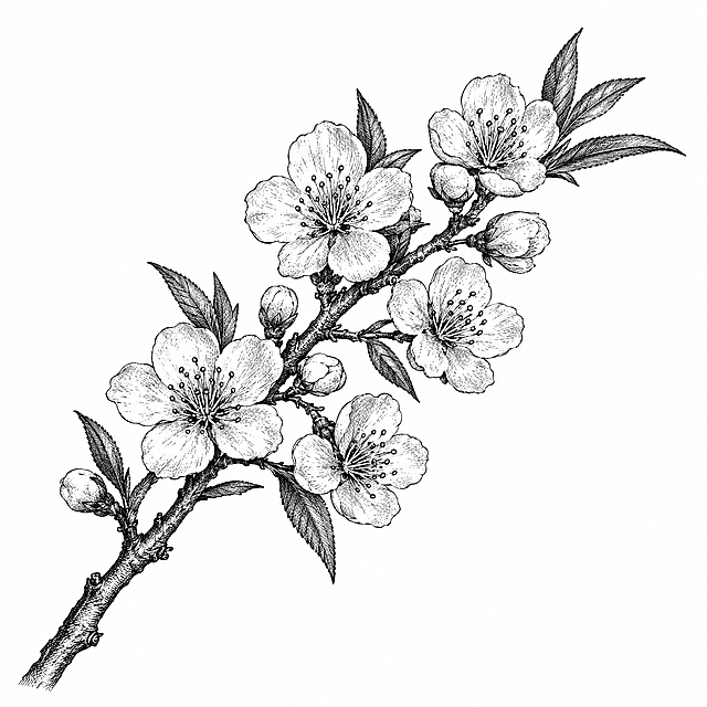 参考图中包装上的黑白铜版画/古典植物雕版线描风格，重新绘制一幅【桃花】的简笔画：一根花枝自左下向右上斜伸，枝上错落开着数朵五瓣桃花，花蕊清晰，几片尖叶衬托，花瓣用细密排线刻画明暗，线条清晰干净，纯白背景，黑白色调，无任何文字