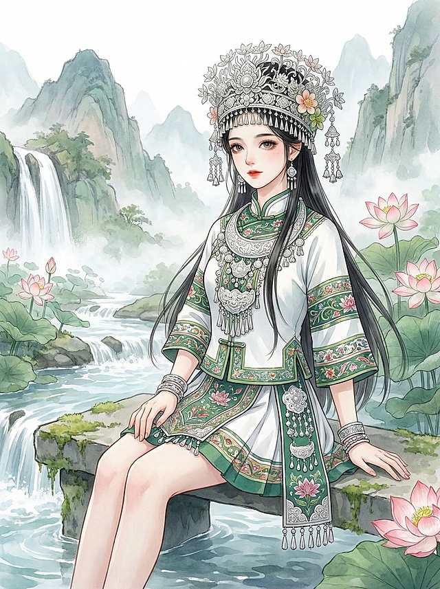 「图片1」类似画风的古装女子图，苗族少女，黑发，头戴银饰头饰，白绿配色短衣短裙，银饰项链与手镯