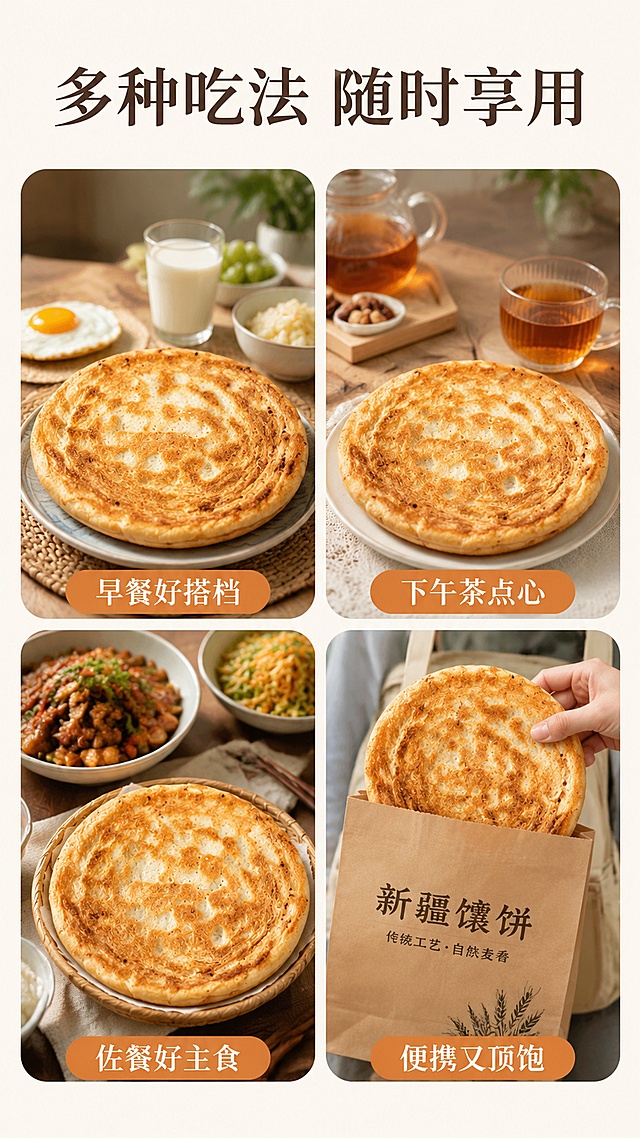[第6屏] 食用场景种草-皮牙子牛奶馕多种吃法。本屏使用【图1】作为产品主体，融入场景。
[氛围/风格] 生活场景感，家常烟火气，温馨治愈，商业摄影质感。
[元素布局] 画面采用2x2圆角卡片拼图布局，展示四个食用场景：左上「早餐搭配」- 馕饼配牛奶和煎蛋；右上「下午茶点」- 馕饼配红茶；左下「佐餐主食」- 馕饼配家常菜；右下「外出便携」- 馕饼装入纸袋；每格场景中馕饼外观与输入图一致；卡片间有白色间隙；背景为浅米色。
[光影质感] 每个场景独立柔和自然光，温暖明亮，食物诱人。
[配色色系] 全局底色 #FFF9F0（浅米白）；主色暖橙 #E89B3C；辅助色深咖 #5D3A1A、薄荷绿 #8FBC8F。
[视角构图] 四宫格拼图布局，每格独立场景，阅读动线从左上到右下。
[文字版式] 顶部主标题「多种吃法 随时享用」，温润宋体，深棕色；每个场景卡片底部有半透明圆角标签：「早餐好搭档」「下午茶点心」「佐餐好主食」「便携又顶饱」，圆角黑体，白色字；文字清晰可读。
[比例分辨率] 9:16竖版比例，4K分辨率，文字清晰可辨，高清画质。
[负向提示词] 馕饼变形，颜色偏差，水印，文字过小，文字错乱，场景不自然，背景杂乱。