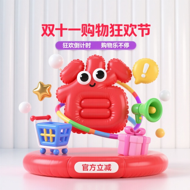 背景是纯白色橡胶质感柔性墙纸，画面中心有一个巨大的红色膨胀气球“省”字，省字上面有一对卡通的大眼睛看向旁边的语音气泡感叹号。围绕它的是有趣的元素：彩色彩带，卡通购物车，礼品盒，喇叭，星星和泡泡。极简主预览效果
