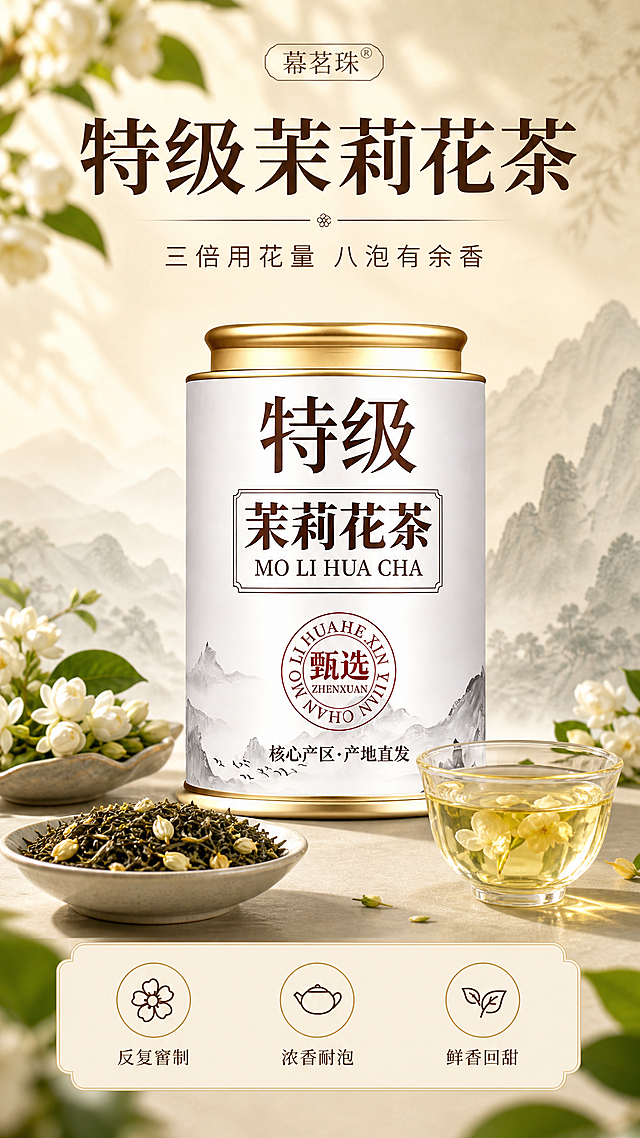[商品] 使用【图1】特级茉莉花茶白色金盖罐装；保留罐体结构、金色盖底、"特级""茉莉花茶""MO LI HUA CHA""甄选""核心产区·产地直发"红色印章及山水图案等所有包装文字与图案；罐体比例、颜色、材质不变，做清晰化与光影融合处理。
[画面] 目标：头图海报，营造清雅国风茶饮氛围，突出特级茉莉花茶主视觉。构图：上文下图，顶部标题区，中部产品主体占画面60%，产品居中略偏上，前景左右摆放茉莉花苞、干茶、玻璃茶杯茶汤，背景为淡墨山水与茉莉花枝虚化。阅读动线：从上至下，标题→副标题→产品→底部三卖点icon。前中后景：前景茉莉花与茶杯、中景茶罐主体、后景浅黄渐变山水虚化。
[视觉] 套系策略：风格=新中式清雅商业摄影；标题字=宋体衬线粗体；正文字=简洁无衬线体；主色=低饱和度浅黄色（米杏奶黄）；背景延展=基于低饱和浅黄做深浅层级、同色渐变和细腻宣纸/云雾质感；强调色=深棕褐色，仅用于小面积图标、引线和标签；标题色=深棕褐色；正文色=中暖褐色；组件=圆角浅黄信息卡、细线引线、圆形icon底；光影=左前侧暖柔光，柔和自然。
[文字] 顶部居中主标题"特级茉莉花茶"，副标题"三倍用花量 八泡有余香"；底部三个圆形icon并列，分别为"反复窨制""浓香耐泡""鲜香回甜"；所有文字横排，不遮挡罐体正面主体文字。
[规格] 图片比例9:16竖版，分辨率2K，避免变形、错字、文字过小、冷蓝/蓝灰背景、罐体颜色改变、包装文字错乱。