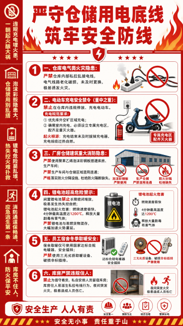 安全宣传海报，主标题加粗居中显示"严守仓储用电底线 筑牢安全防线"，内容分为六个部分：一、仓库电气类火灾隐患：严禁仓库内部私拉乱接电线，电气线路老化破损，未及时更换，极易诱发火灾；二、电动车充电安全禁预览效果