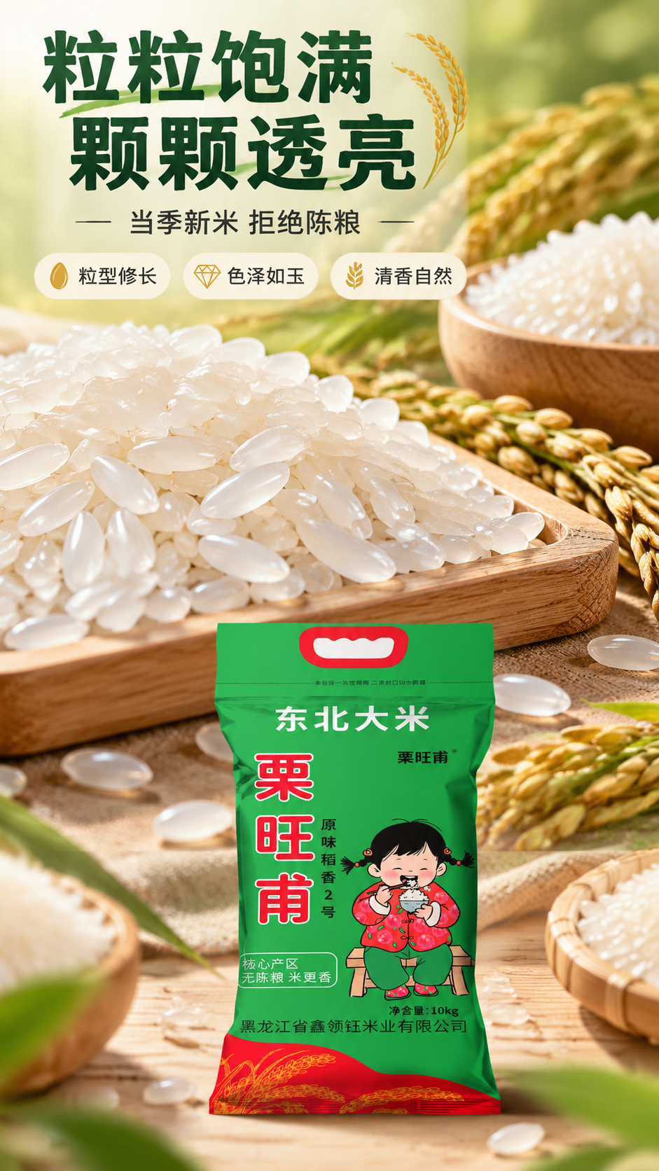 [商品] 使用【图1】栗旺甫东北大米10kg绿色包装袋；保留包… - 图片创意预览