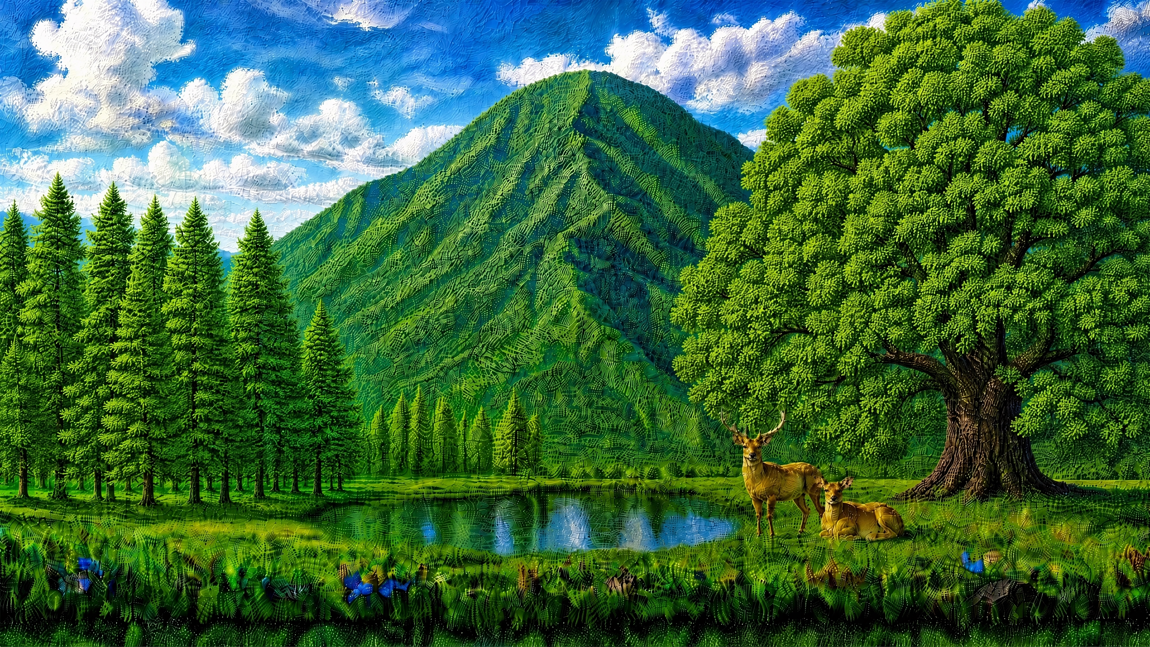 将图片左侧的松柏树修改为更加茂密的翠绿色，保持原有油画肌理风格… - 图片创意预览