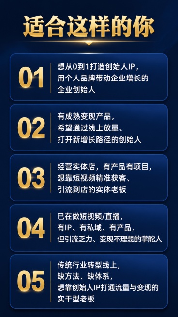 [第3屏] 适用人群页-创始人IP陪跑实战营适配用户梳理。
[氛围/风格] 清晰信息卡片风格，专业有条理。
[元素布局] 顶部大标题，下方分5个条目垂直排列，每个条目配有序号，内容清晰分段，行间距适中预览效果