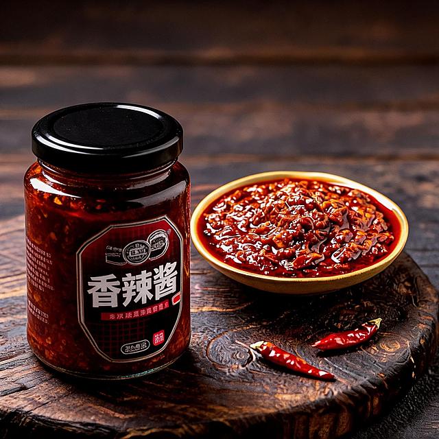 香辣酱商品主图，展示完整瓶装香辣酱产品，卖点真辣椒香辣浓郁，棕色食欲氛围，深色木板背景，搭配新鲜辣椒装饰，电商淘宝1:1主图风格，美食商品摄影，暖棕色调，突出产品包装，质感高级