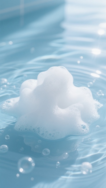 超写实摄影风格，以纯净的浅蓝色和白色为主色调，柔和的顶光照射，营造出宁静舒缓的沐浴氛围。画面中心是一团形态变换的白色泡沫，质感细腻蓬松，边缘呈现半透明状，周围环绕着大小不一、晶莹剔透的水珠和细密气泡。背景中可见水波荡漾的纹理，光线在水面上形成柔和的反射光斑，整体构图简洁，光影层次丰富，细节清晰，传达出洁净、放松、清新的感觉。预览效果