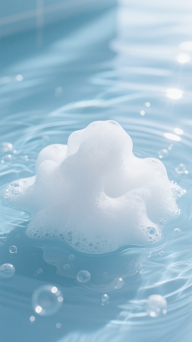 超写实摄影风格，以纯净的浅蓝色和白色为主色调，柔和的顶光照射，营造出宁静舒缓的沐浴氛围。画面中心是一团形态变换的白色泡沫，质感细腻蓬松，边缘呈现半透明状，周围环绕着大小不一、晶莹剔透的水珠和细密气泡。背景中可见水波荡漾的纹理，光线在水面上形成柔和的反射光斑，整体构图简洁，光影层次丰富，细节清晰，传达出洁净、放松、清新的感觉。