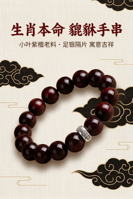 2:3竖版电商详情图,严格还原上传的小叶紫檀十二生肖吞金貔貅手串产品图,包括高油密老料小叶紫檀串珠的酒红色泽、自然纹理、足银吞金貔貅隔片的造型与金属光泽等所有细节,产品外观必须与参考图完全一致,不得改预览效果
