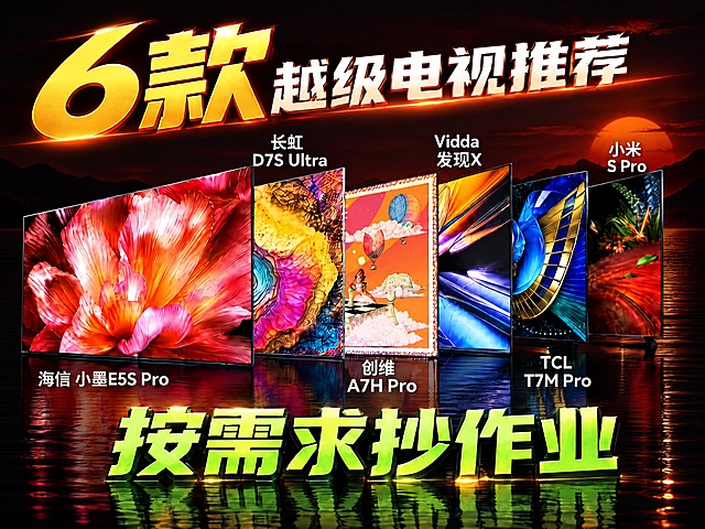 基于参考图进行修改：保持所有电视的位置、大小、角度完全不变，保持所有电视屏幕画面内容不变，保持所有文字内容和位置不变，保持图片整体尺寸比例不变。将整体背景和水面颜色都调深，接近黑色：天空背景变为深暗红色近乎黑色的深夜落日氛围，只有远处落日微弱的橘红色光晕；水面颜色变为深黑色，只有电视和文字的微弱倒影反射，整体画面暗调深沉，大幅降低亮度，突出电视主体。