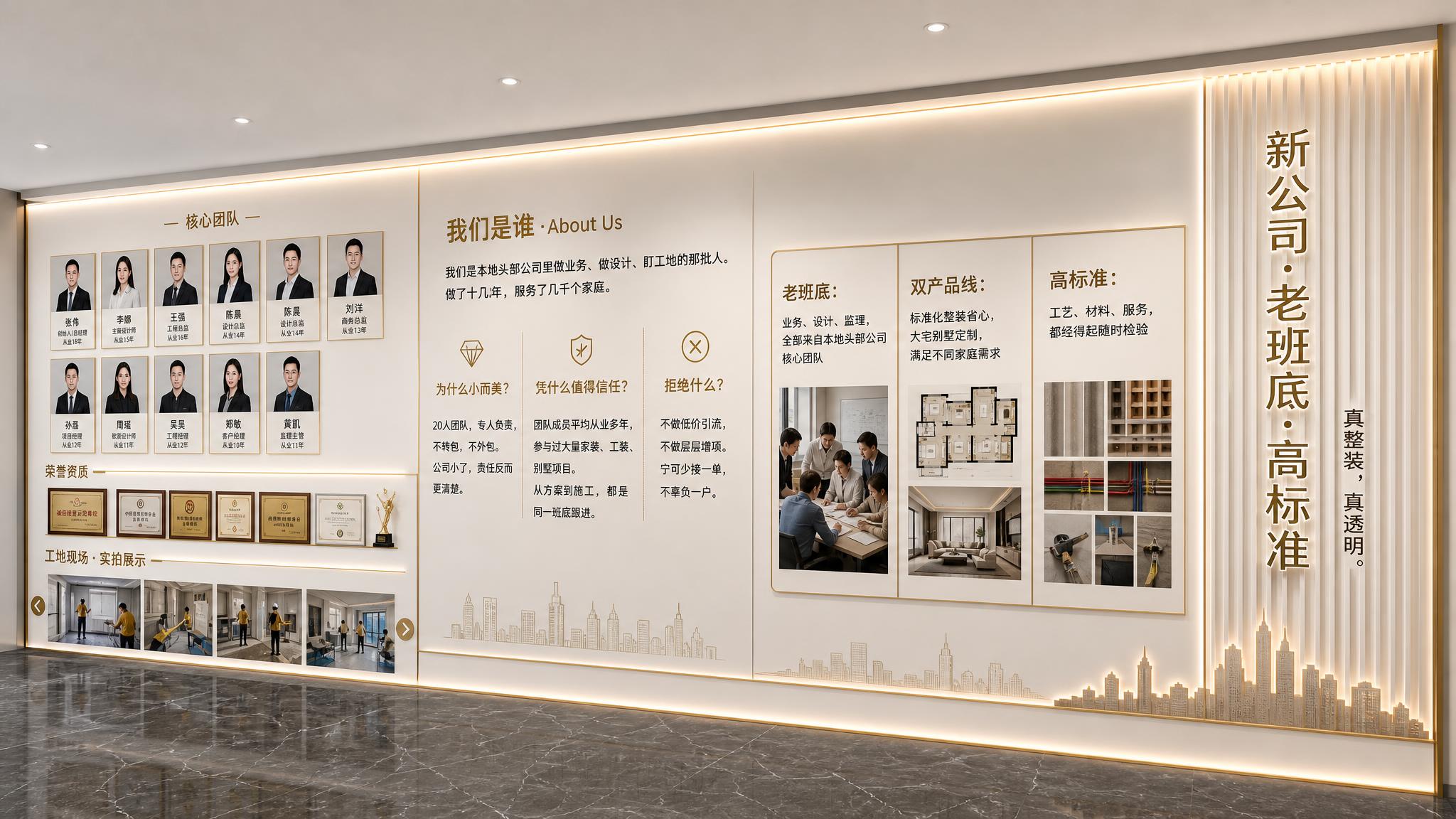 参考图中的现代高端企业文化墙风格，重新设计一面整装装修公司的品… - 图片创意预览
