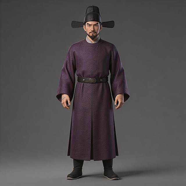 全身照，正视图，灰色背景3D动画风格，纹理细腻，全身站立，严格6:8头身比例，体态匀称，腿部修长，东方人体比例，精准稳定。三十五岁东方男性，方脸浓眉，下颌短须，眼神坚毅沧桑，手背有旧伤疤，身穿深紫色武将官袍，黑色腰带，头戴武将官帽，站立笔直，表情严肃